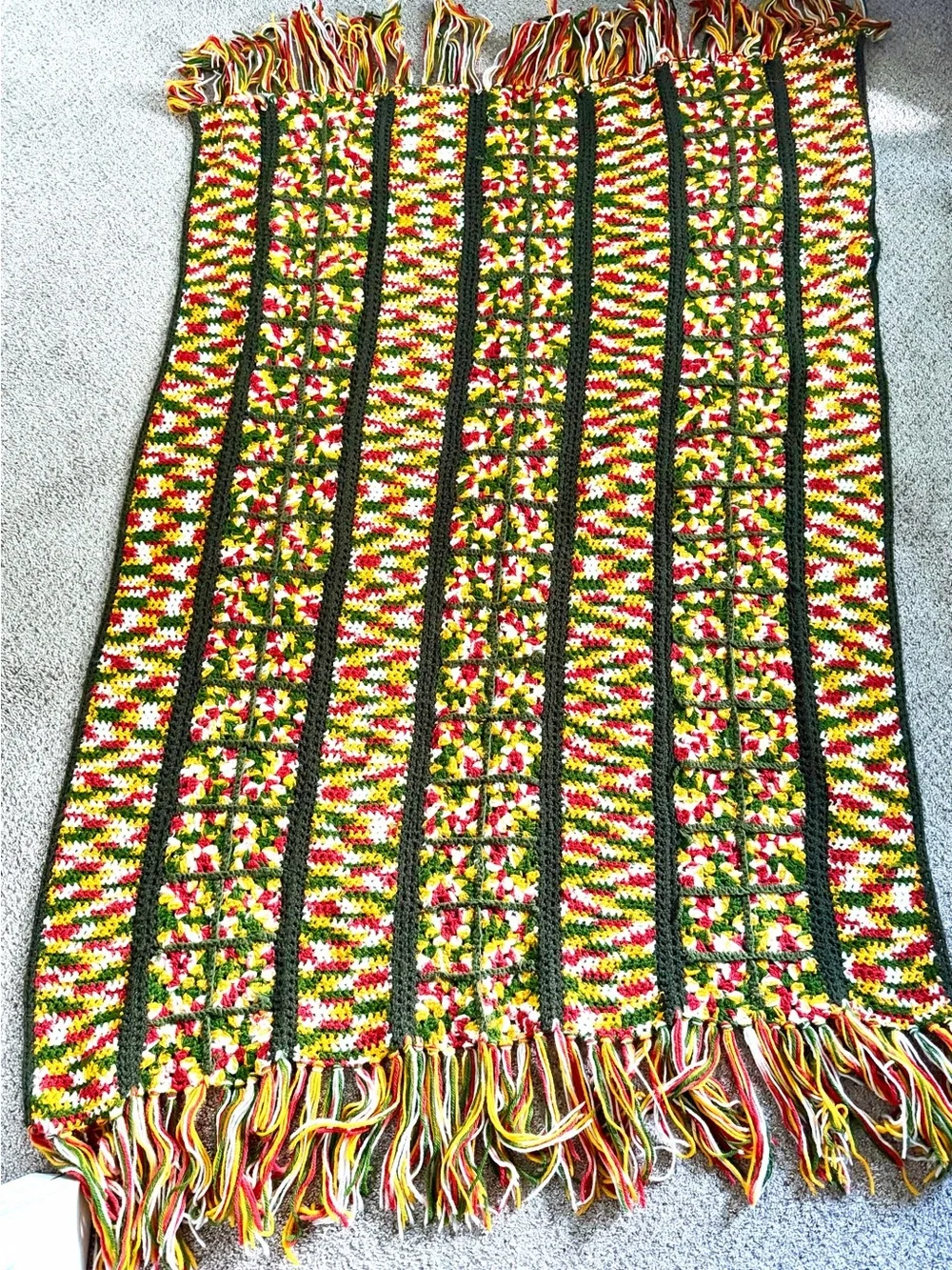 Handmade Crochet Fringe Throw Blanket in Green, Yellow & Red